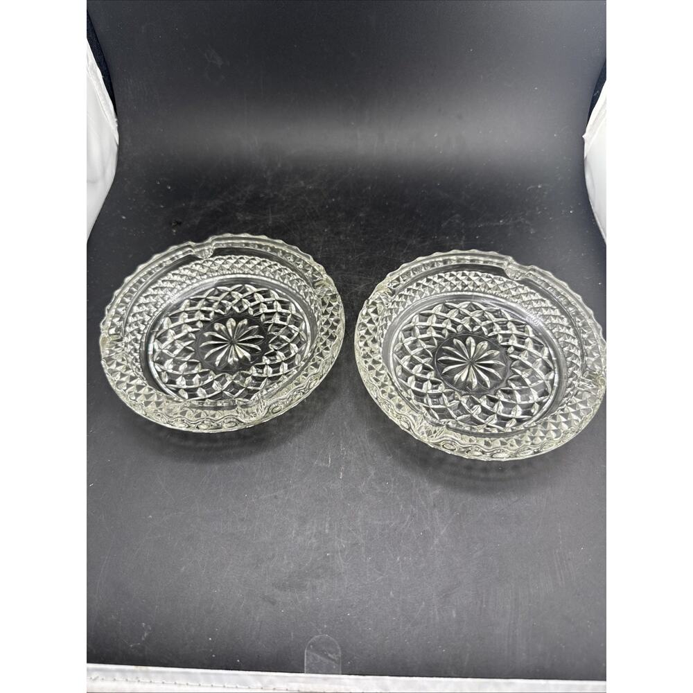 Vintage Clear Glass Ashtrays Pair Diamond Pattern Pressed Glass Dishes